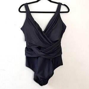 Lands End Slender Suit Wrap One-Piece Swimsuit 16D Black Firms‎ Shapes Vacation